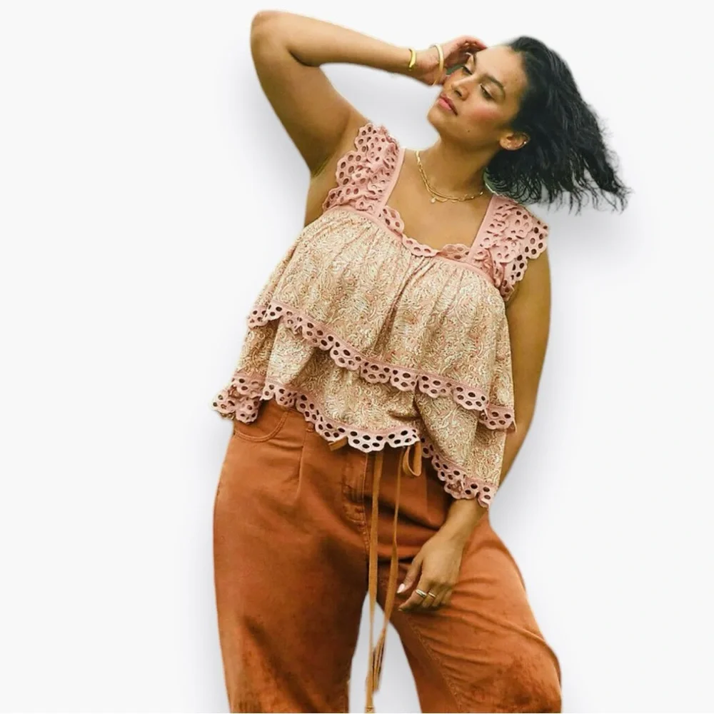 ANTHROPOLOGIE Let Me Be Layered Ruffle Peach Eyelet Swing Top Feminine Blouse - Picture 11 of 16